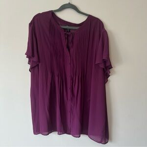 torrid 5 Plum Pleated Button-Front Blouse with Tie Neck